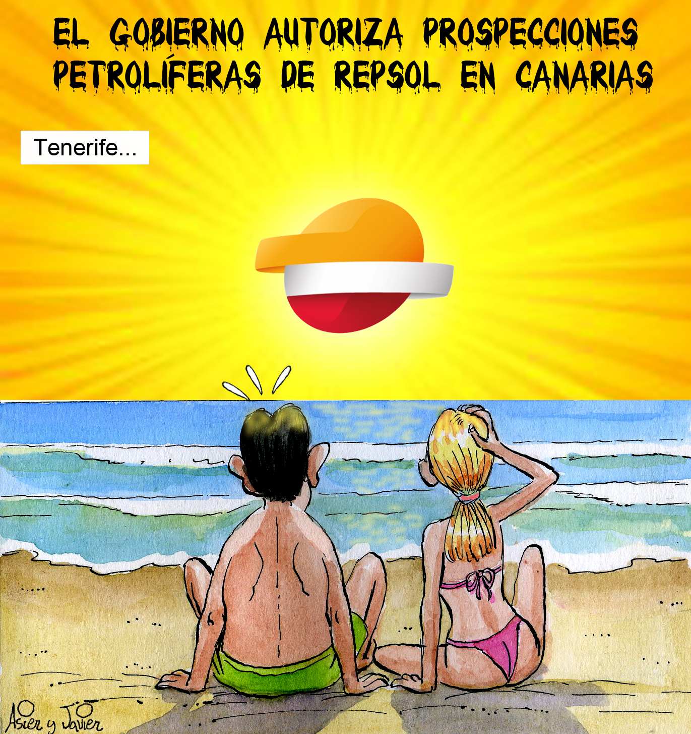 Habrá prospecciones petrolíferas de Repsol en aguas de las Canarias. Viñeta en la revista El Jueves.